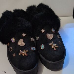 BAMBOO Black Ankle Boots with Gold and Silver Accents